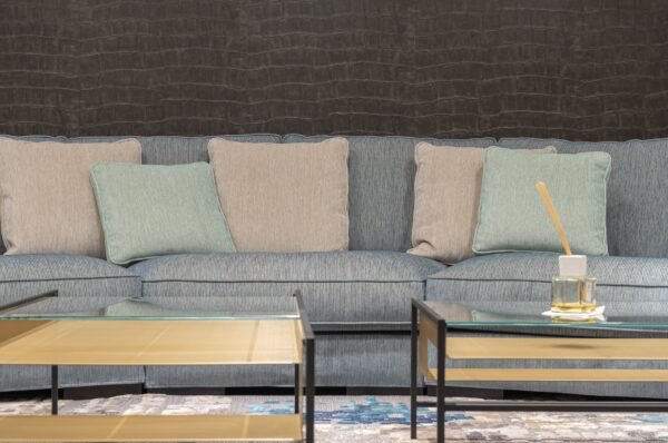 cozy sofa with cushions near tables